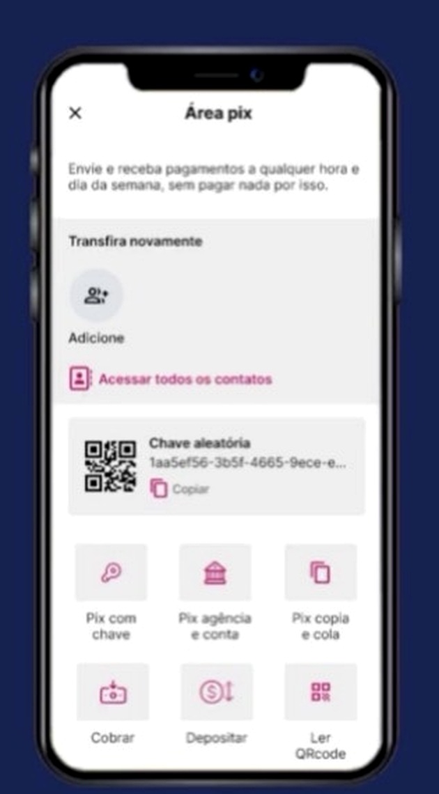 Área Pix do aplicativo YES Finance